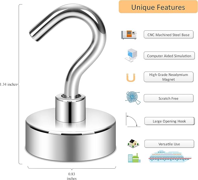 Neosmuk Magnetic Hooks, Heavy Duty Earth Magnets with Hook for Refrigerator, Extra Strong Cruise Hook for Hanging, Magnetic Hanger for Cabins, Grill (Silver White, 4 Pack)