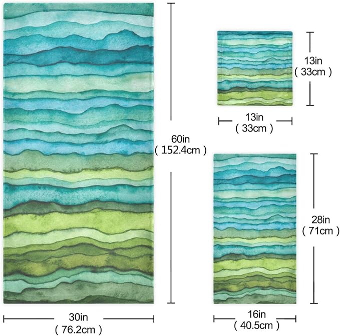 Teal Blue Green Bath Towel Set - 3 Piece Soft Absorbent Watercolor Sea Wave Striped (1 Bath, 1 Hand, 1 Washcloth) - Decorative for Bathroom, Shower, Hair, Face