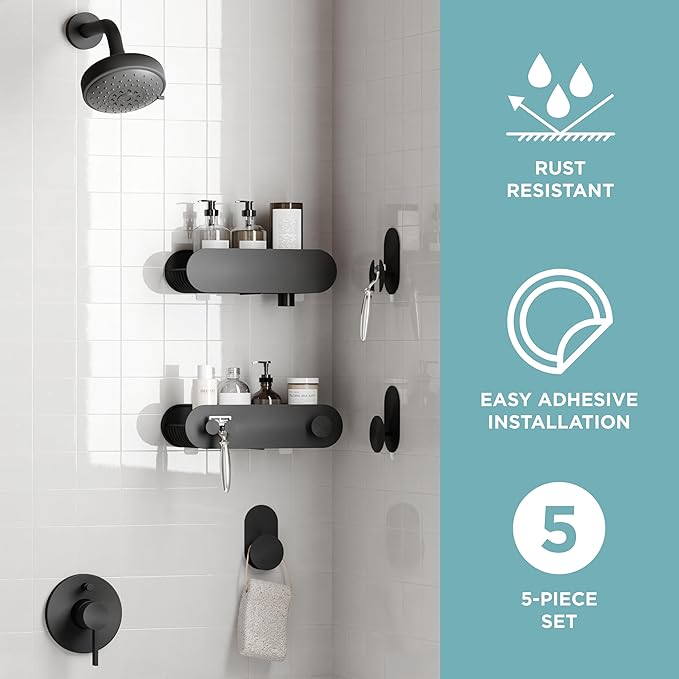 Zenna Home Adhesive Shower Caddy Baskets and Hooks Set, 5-Piece Bathroom Organizers and Storage, Shower Shelves and Hooks, No Drilling, Bathroom Accessories for Shower Storage, Matte Black
