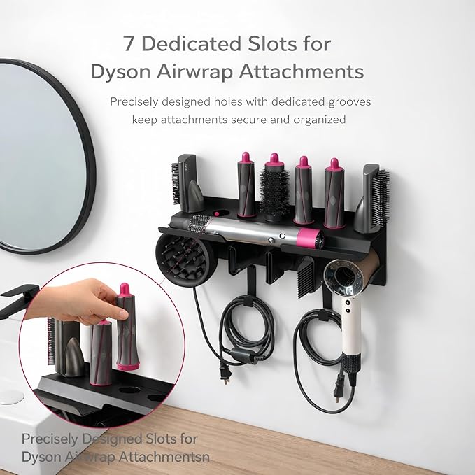 Dyson Airwrap Holder Wall Mount, 2in1 Dyson Airwrap Organizer and Dyson Hair Dryer Holder, Dyson Hair Dryer Stand Compatible with Dyson Airwrap Styler & Supersonic Nural Black BANJEKT