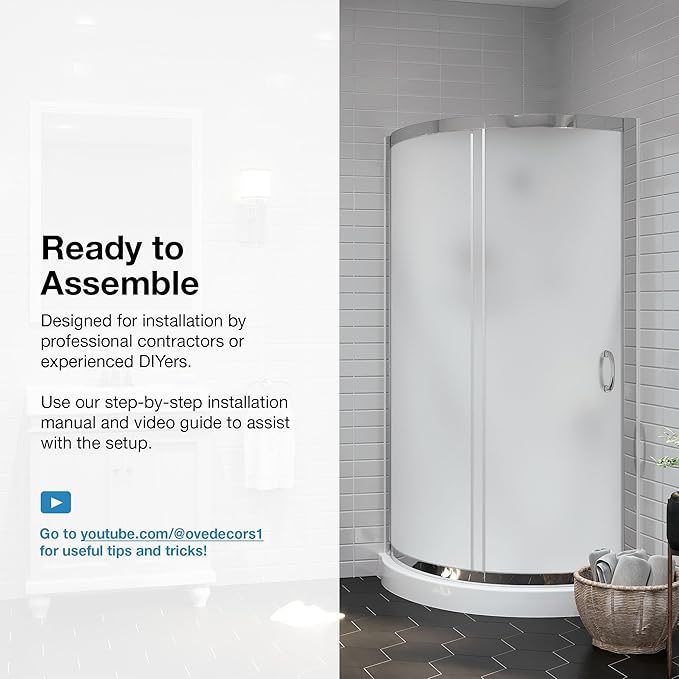 OVE Decors Breeze 34 in. Corner Shower Frosted Sliding Door, With Base and Walls in Chrome Finish