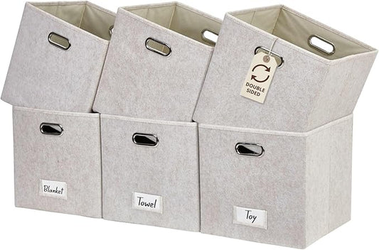 DECOMOMO Felt Storage Bins, 13 inch Cube Storage Bins with Labels for Organization (Cube 13" / 6pcs, Beige)