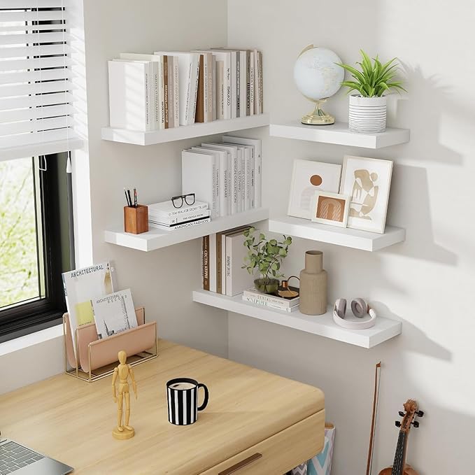 72 Inch Floating Shelves, 8 Inch Deep Floating Shelves for Wall, Hanging Shelf with Invisible Brackets, Deep Shelves for Bathroom, Bedroom, Living Room, White, Set of 1