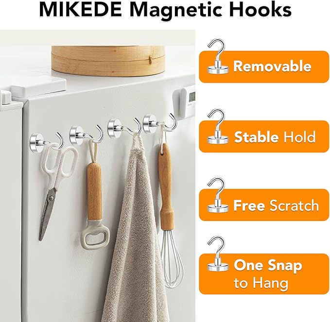 MIKEDE Magnetic Hooks, 50LB+ Heavy Duty Earth Magnets with Hook, Strong Magnets Hooks for Hanging, Cruise Ship, Magnetic Hanger Teacher Must Haves for Classroom, Cabins, Kitchen- 8 Pack