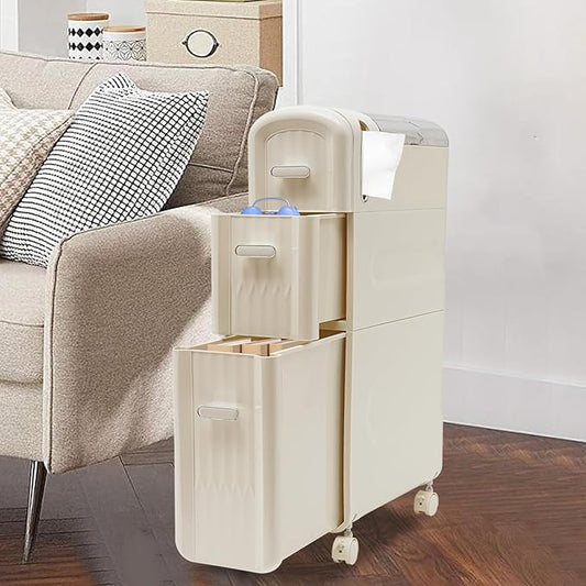 Slim Storage Cabinet, Narrow Towel Cabinet Organizer Bathroom Floor Storage Cabinet with 3 Drawers & 4 Universal Wheels, Freestanding Bathroom Storage Organizer Toilet Paper Holder and Storage