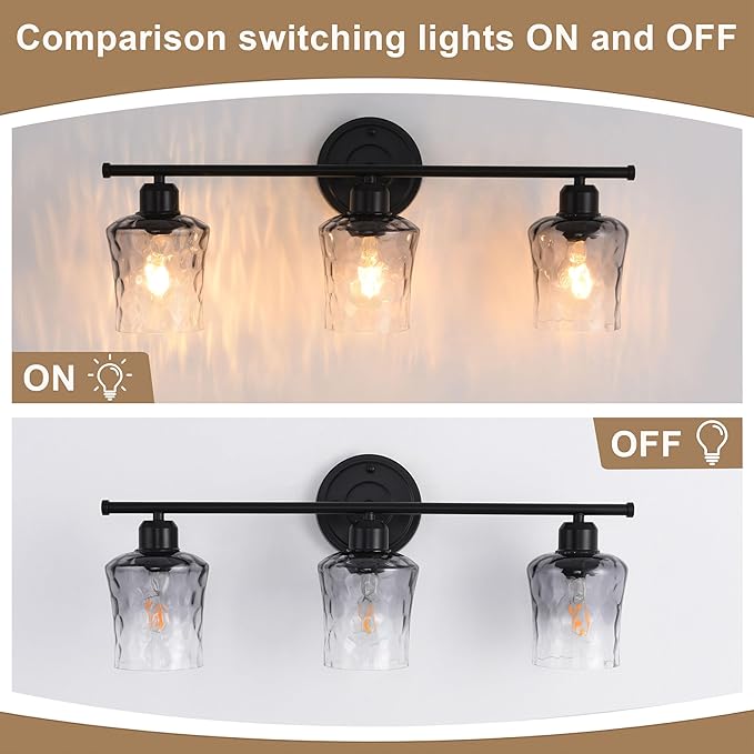 3-Light Bathroom Light Fixtures, Matte Black Vanity Light with Grey Glass Shade, Modern E26 Bathroom Wall Light for Over Mirror, Kitchen, Hallway, Cabinet, Porch, Bedroom