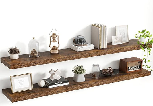 55 Inch Floating Shelves, 8 Inch Deep Floating Shelves for Wall, Hanging Shelf with Invisible Brackets, Deep Shelves for Bathroom, Bedroom, Living Room, Brown, Set of 2