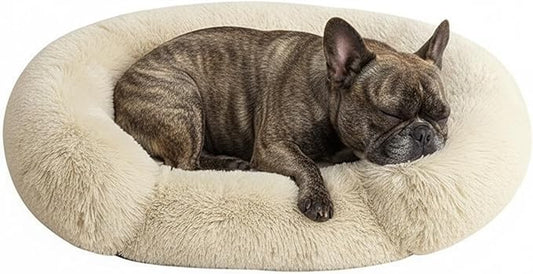 Fluffy Dog Bed Calming Donut Beds for Large Dogs Warming Round Small Medium Pet Nest Cozy Cat Mattress Indoor Washable Puppy Kennel Kittens Sleep Mat (M, 27.5×27.5 inch, Khaki)