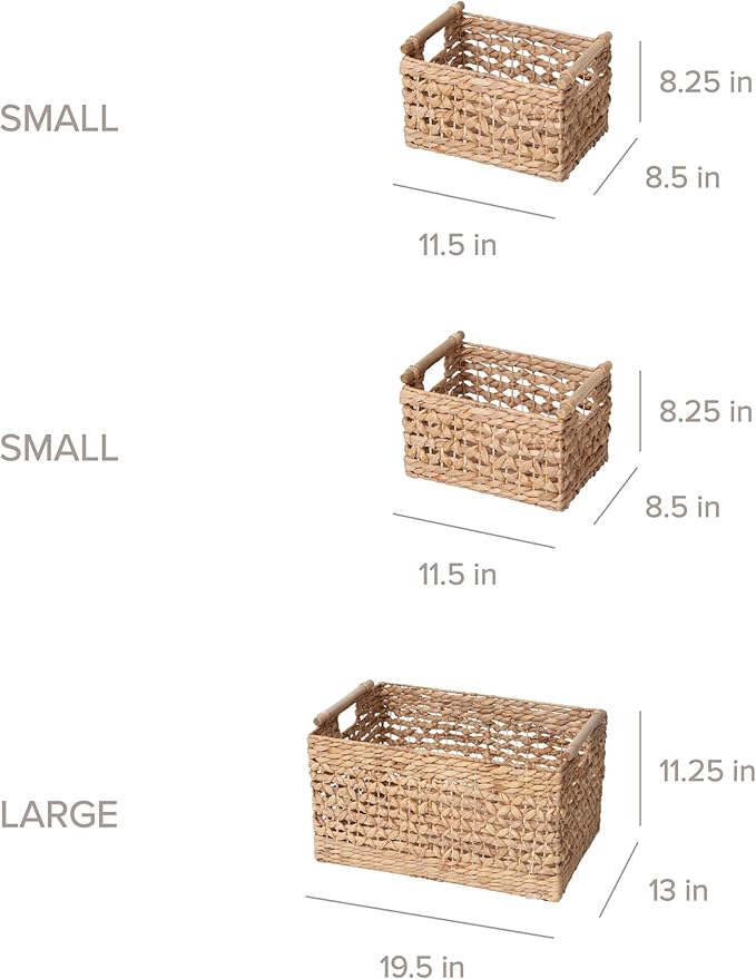 RGI Home Water Hyacinth Storage Baskets - Set of 3 Woven Decorative Baskets, Multi-size Organizers for Household Storage, Home Office, Pantry, Kitchen, Laundry, with Handles & Wood Accents, Natural