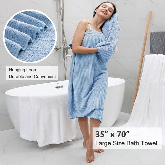 8 Piece Oversized Blue Bath Towel Set-2 Extra Large Bath Towel Sheets,2 Hand Towels,4 Washcloths-600GSM Soft Highly Absorbent Quick Dry Beach Chair Towels Woven Towels for Bathroom Hotel and Spa