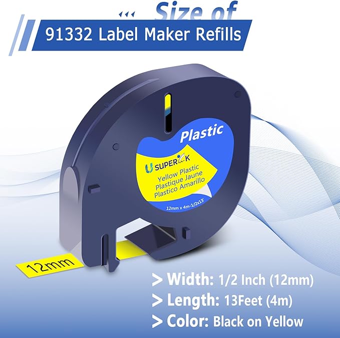 3 Pack Compatible for DYMO LetraTag Label Maker Refills 91332 91202 S0721620 Black on Yellow Plastic Tape 12mm x 4m 1/2'' x 13' for Dymo Label Maker Refill LetraTag 200B LT-100H LT-100T Plus