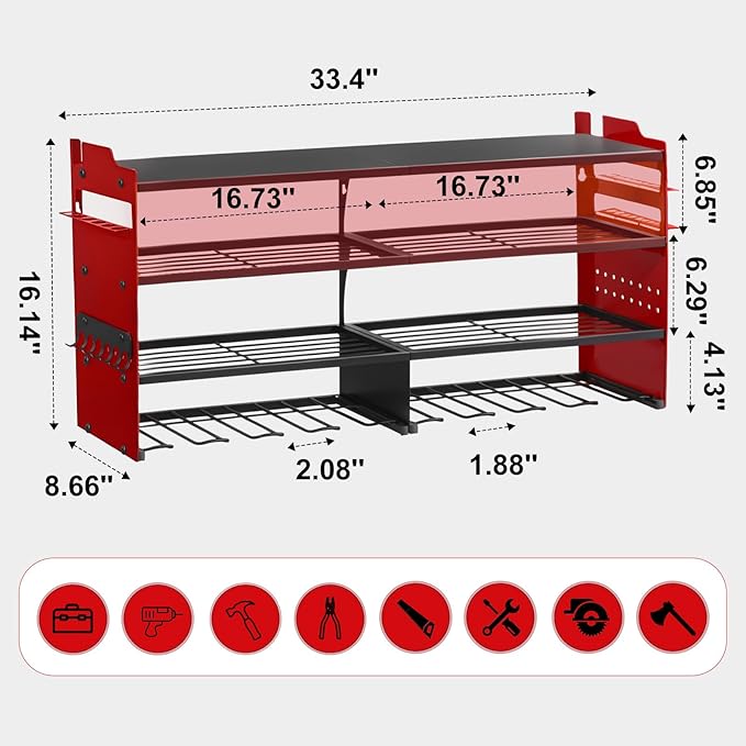 oviitech Power Tool Organizer Wall Mount, 8 Drill Holder Wall Mount Loads 400lbs, 4 Layer Heavy Duty Metal Power Tool Storage, Red, Utility Rack for Garage Workshop, Gifts for Men