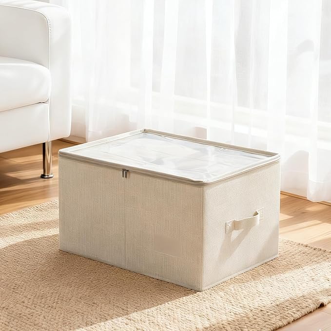 Large Fabric Storage Bins with Lid,Foldable Storage Boxes with Zipper&Clear Window,Closet Organizers and Storage Basket for Clothes Blanket Sheets,2-Pack
