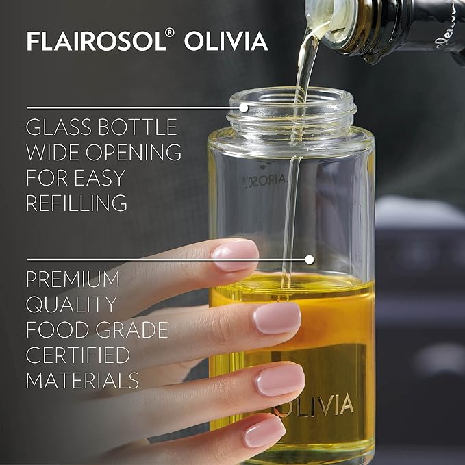 OLIVIA Oil Sprayer for Cooking, 2 Pack Olive Oil Spray Bottle130ml Glass Oil Sprayer Mister for Salad, BBQ, Continuous Spray with Portion Control