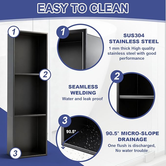 LEIFIDE 36 x 12 Inch 3 Tiers Shower Niche 304 Stainless Steel Shower Niche No Tile Needed, Recessed Shelf for Bathroom Wall, Home Bathroom Storage, Matte Black