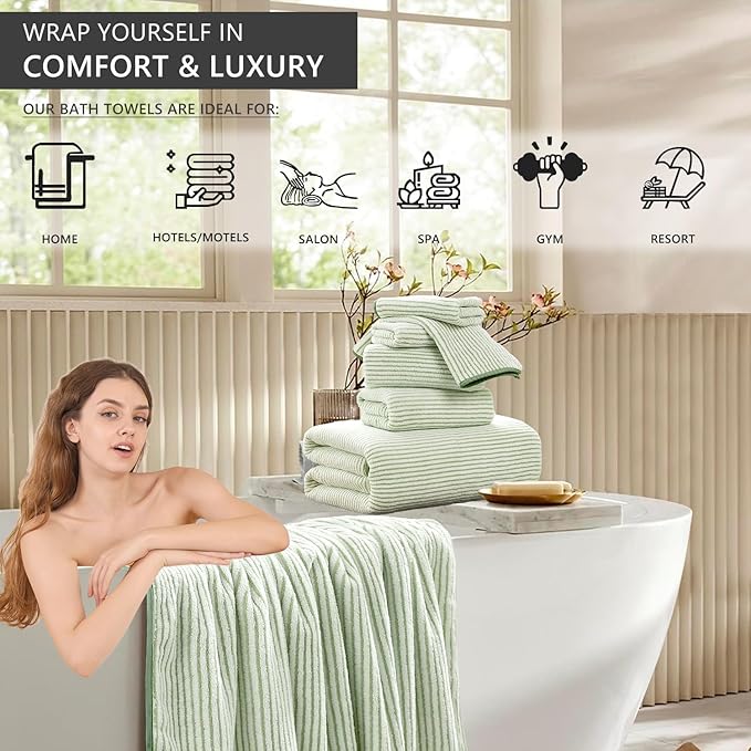 8-Piece Premium Towel Set for Bathroom|2 Oversized Large Bath Sheet,2 Hand Towels,4 Washcloths|Soft Cozy Highly Absorbent Fast Dry Microfiber Shower Towel Set for Hotel Bathroom Essentials,Green White
