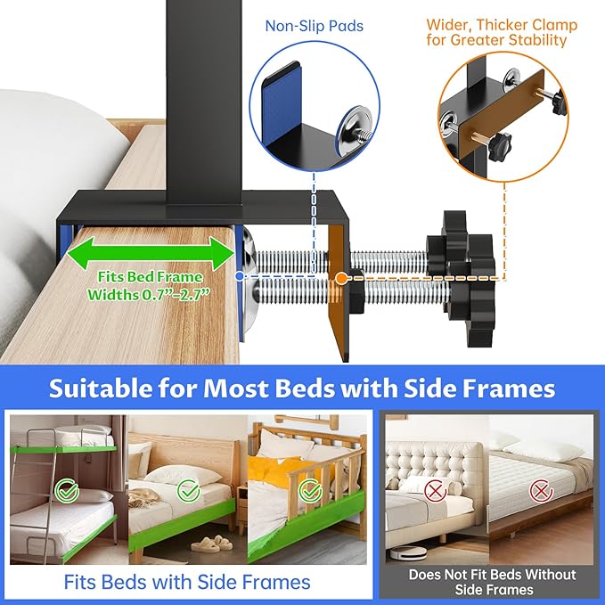 NiHome Height-Adjustable Bedside Shelf with Rotating Foldable Tray, Clip On Bed Side Tray Table, Overbed Table Fits Bed Frames 0.7"-2.7" Wide for Dorms, Apartments, Bedrooms, Dorm Essentials, White