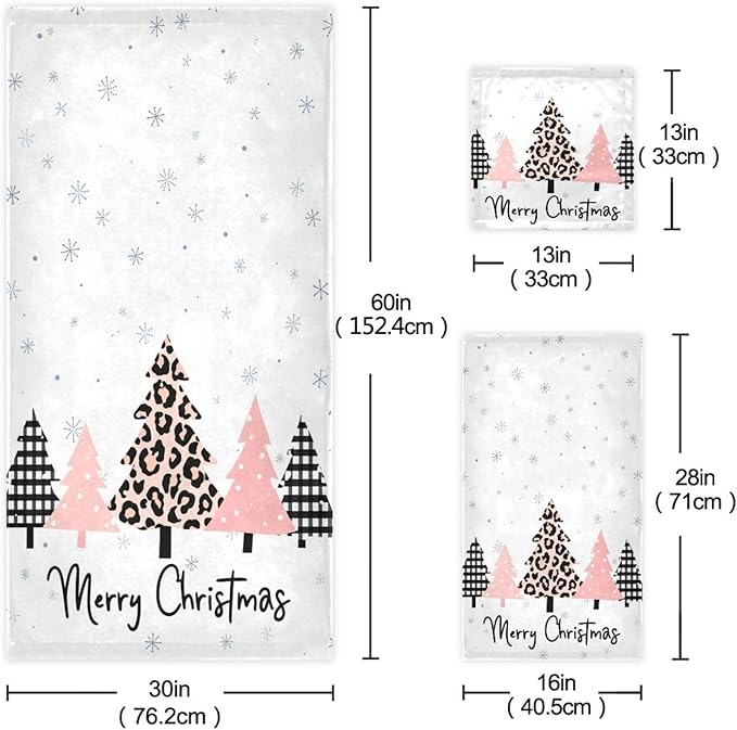 Plaid Pink Christmas Tree Towels Set of 3 Winter Forest Leopard Tree Grey Snowflakes Bathroom Towel Soft Absorbent Bath Hand Towels Washcloth Guest Towel Sets Xmas Holiday Decor