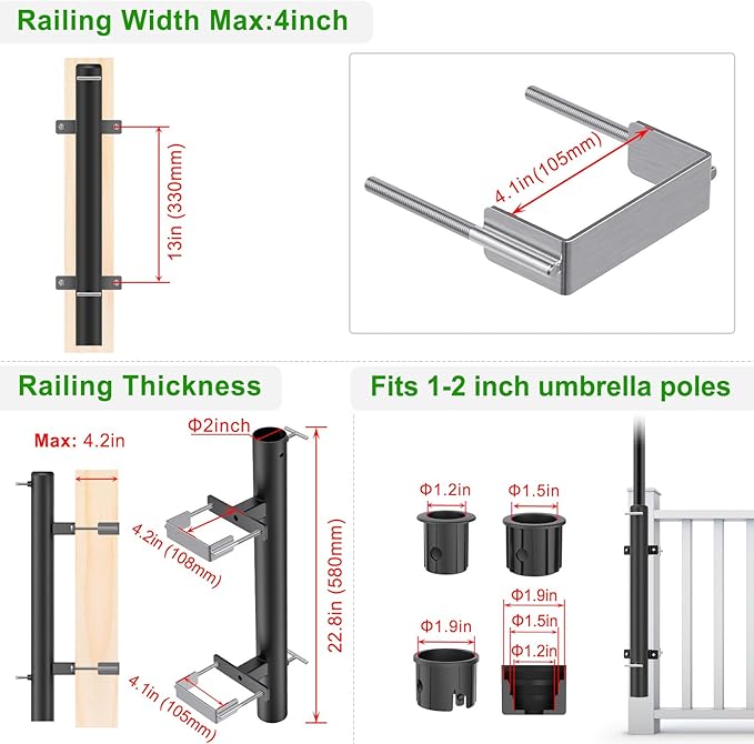 Dolibest Heavy Duty Patio Umbrella Holder, Steel Deck Clamp Holder up to 2'' Poles, Deck Mount Umbrella Holder, Space Saving Design, Attaches to Railing Max Width 4 inch, Easy Installation