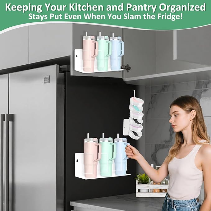 Magnetic Cup Holder for Fridge Water Bottle Organizer for Cabinet, 2Pcs Magnetic Cup Holder Heavy Duty with Tumbler Lid Organizer for 20oz 30oz 40oz Cup Accessories Storage (White)