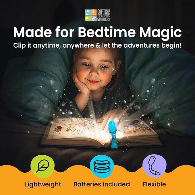 Gifts for Readers & Writers Book Light for Kids, Clip On Reading Light for Bed, 2in1 Flexilight Pals & Bookmark, Small & Lightweight with a Soft Glow, 2 Batteries Included, Robot Blue