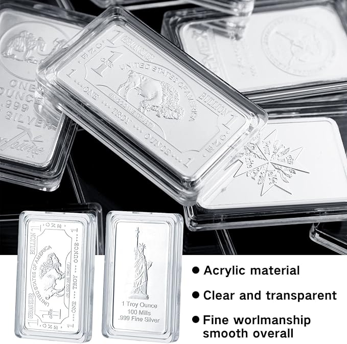 Batiyeer 50 Pcs 1 oz Silver Bar Case Holder Clear Acrylic Bar Capsule Storage Container for 1 Ounce Holder with Plastic Storage Box for Collectors Investors