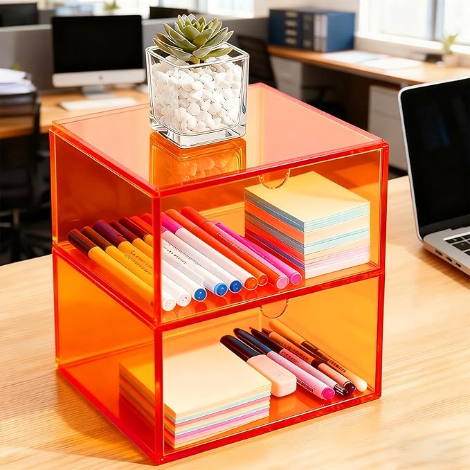 Acrylic Desk Organizer with Drawers Stackable Makeup Organizer for Vanity Office Countertop Cosmetic Display Cases Makeup Storage Box, Neon Orange