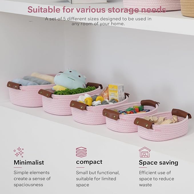 5 Piece Storage Baskets Small Woven Basket with Detachable Leather Handle, Cotton Rope Shelf Baskets for Closet Organizers, Different Sizes Basket Decor, Light Pink