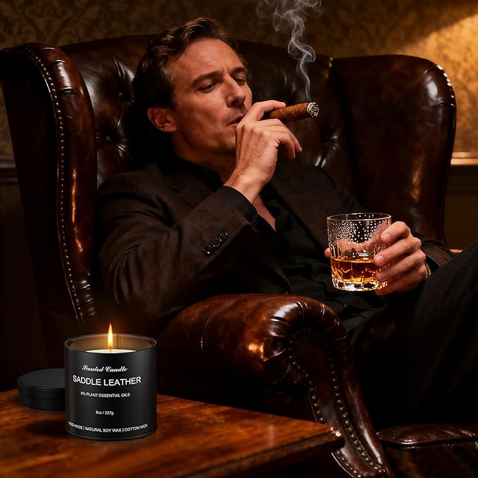 Scented Candles for Men - Saddle Leather Masculine Scented Candle, 8oz Luxury Soy Wax Candles with 8% Essential Oils, Scented Candle in Matte Black Tin, Gift of Men, Dad, Him