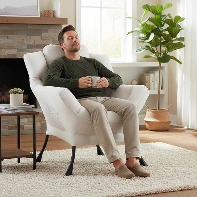 Welnow Lazy Chair for Living Room, Modern Reading Lounge Accent Chair with Armrests and a Side Pocket, Leisure Upholstered Lazy Sofa for Small Space, Bedroom, Dorm, Beige