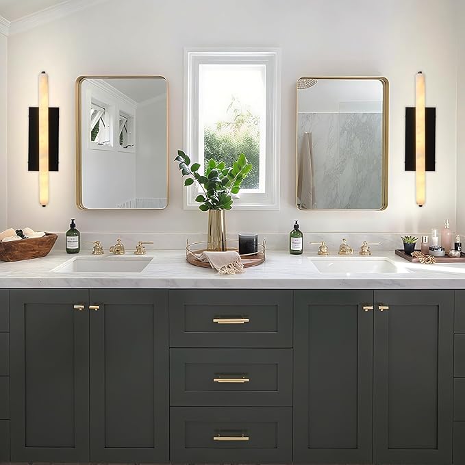 Alabaster Wall Sconces, 25" Black Alabaster Sconce, Spanish Natural Marble Bathroom Vanity Sconces, Rectangle Modern Sconces Lighting for Bedroom Living Room Staircases Hallway