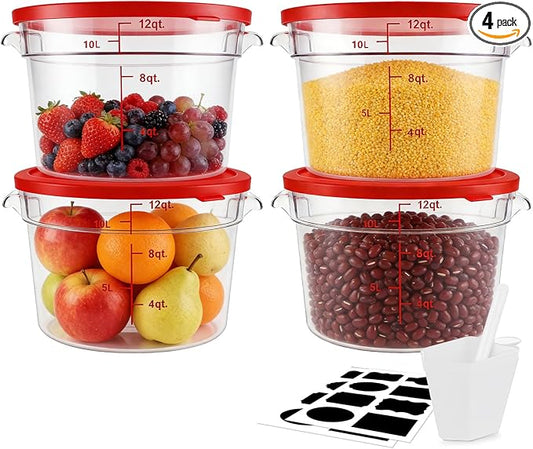 4-Pack Food Storage Containers with Lids,Round Plastic Containers for Kitchen, Food Grade, BPA-Free, Stackable, Clear Red Storage Buckets (Red, 10L)