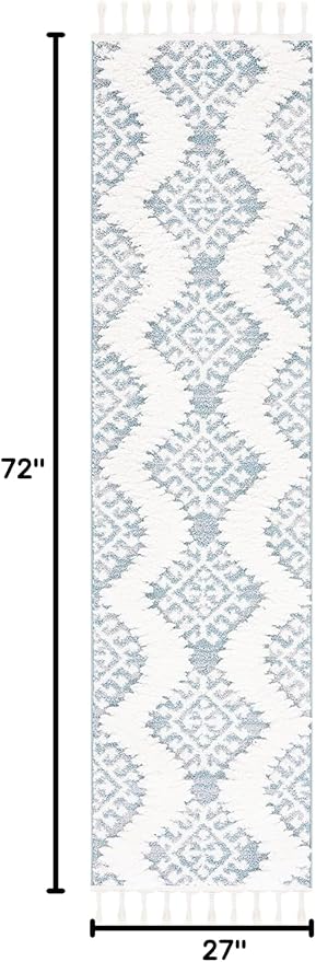 SAFAVIEH Moroccan Tassel Shag Collection Area Rug - 2'3" x 6' Runner, Teal & Ivory, Non-Shedding & Easy Cleaning, Plush Thick Pile, Ideal for Living Room, Hallway, Foyer, Entryway, Bedroom (MTS652K)