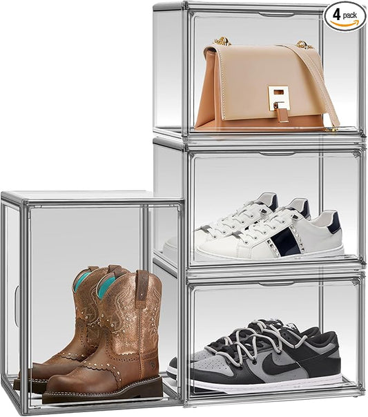4 Pack Pure Organizer for Closet, Acrylic Shoe Box Size 14, Clear Display Case Handbag Organizer Shoe Box with Lid