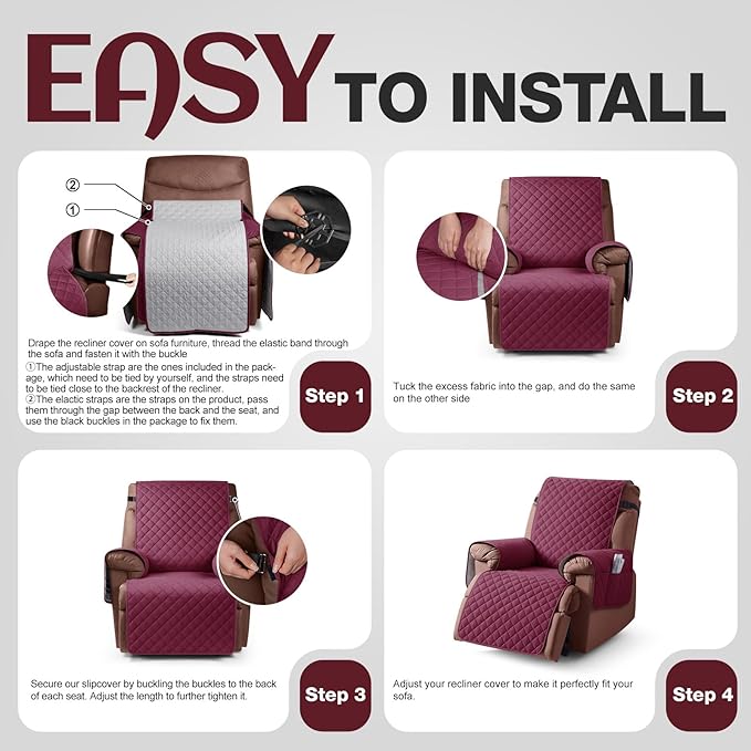 KinCam 100% Waterproof Recliner Chair Cover, Reclining Couch Covers for Pets, Dogs, Recliner Couch Slipcover Furniture Protector with Elastic Straps for Kids(23.6", Burgundy)