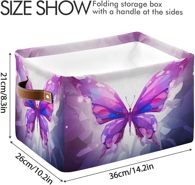 Storage Basket Purple Butterfly Rectangular Collapsible Canvas Shelves Storage Bins with Leather Handles for Shelves Home Closet Bedroom Living Room, 1Pack