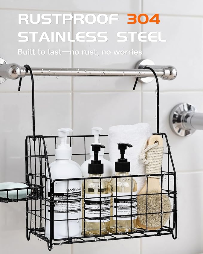 Large Rustproof Shower Caddy Hanging, 304 Stainless Steel Hanging Shower Organizer Basket for Bathroom & Bathtub, Over the Rod Shower Rack for Shampoo, Conditioner, Soap & Bath Accessories