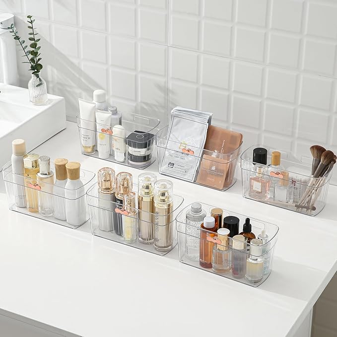 6 Pack Adhesive Cabinet Door Organizer, Compact Kitchen Under Sink Caddy, Plastic Bathroom Countertop Organizer Bins, Clear Pantry Storage Basket, Under Cabinet Seasoning Spice Rack