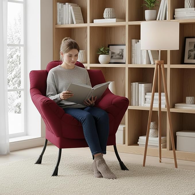 Welnow Lazy Chair for Living Room, Modern Reading Lounge Accent Chair with Armrests and a Side Pocket, Leisure Upholstered Lazy Sofa for Small Space, Bedroom, Dorm, Burgundy