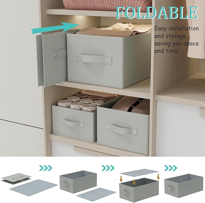Storage Bins, 3 Pack Foldable Cloth Basket, Cube Organizer with 2 Handles, Suitable for bedrooms, living rooms, wardrobes, and workspaces, Grey, 13 x 9.1 x 5.5 In, XSNY11GS-3