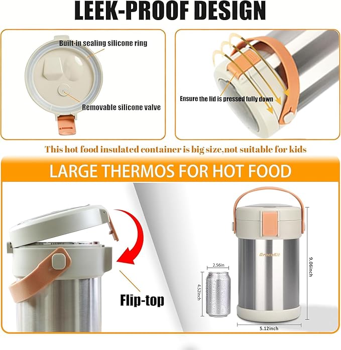 67oz Adults Thermo for Hot Food Kit 2L 9.06in 3 Layer Stainless Steel Vacuum Soup Food Thermo Hot Food Jar Bento Box for Men, Women, Suitable Insulated Lunch Box for 12+ Camping, Office & Travel Use