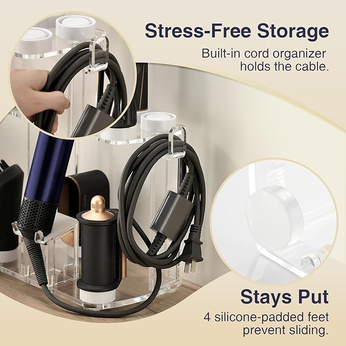 Acrylic Storage Holder for Dyson Airwrap Shark FlexFusion FlexStyle, Wall Mount Display Stand, Countertop Hair Tool Organizer for Vanity, Clear&White