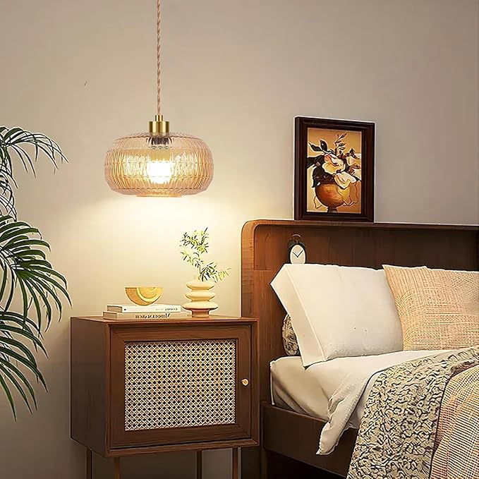 Plug in Pendant Light Hanging Lights with in Cord Mid Century Modern Gold Hanging Lamp Flower Glass Amber Vintage Dimmable Chandelier Ceiling Fixture for Living Room,Kitchen,Boho