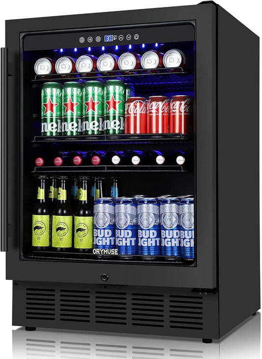 Beverage Refrigerator 24 Inch, 180 Can Drink Fridge with Glass Door, Under Counter or Freestanding Beverage Cooler for Soda, Beer, Wine – Quiet Cooling for Kitchen, Bar, Office, Black