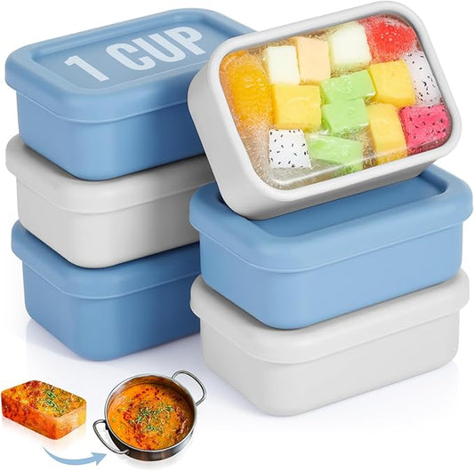 6 Packs 1 Cup Silicone Soup Freezer Molds with Lid Silicone Soup Freezer Trays Rectangle Reusable Food Preserving Tray Freezing Sauces Stews(Dark Blue, Gray)