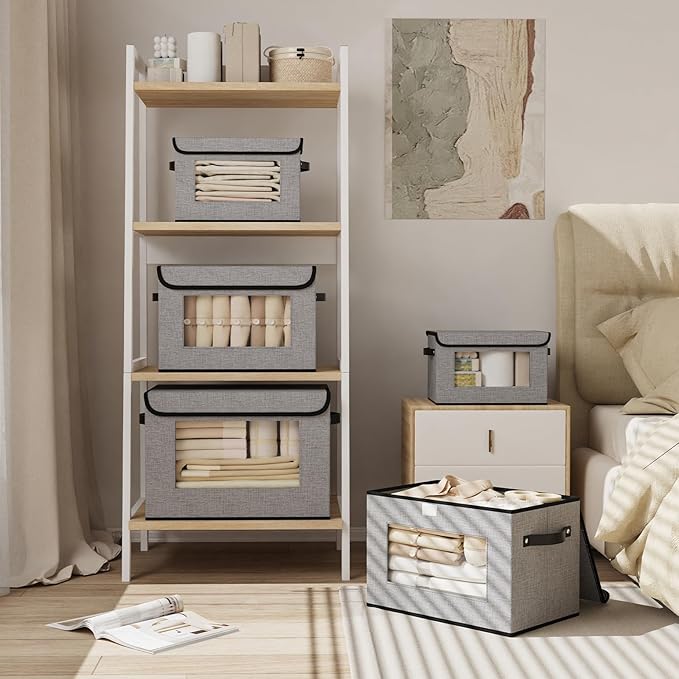 Foldable Storage Baskets with Lids, Fabric Closet Organizers with Handles, 10.2 x 7.8 x 6.7 Inch Storage Boxes for Shelves, Gray, 5-Pack