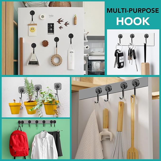 DIYMAG Black Magnetic Hooks, 40LBS Strong Magnetics Heavy Duty, Magnet Hook with Metal Hanger for Hanging Refrigerator Home Kitchen Office, 8Pack