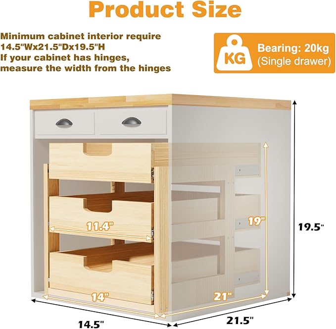 Pull Out Cabinet Organizer, 14''W×21''D Sliding Drawers for Cabinets, 3 Tier Soft Close Slide Out Wooden Pull out Drawers, Base Cabinet Organization for Kitchen, Pantry, Bathroom