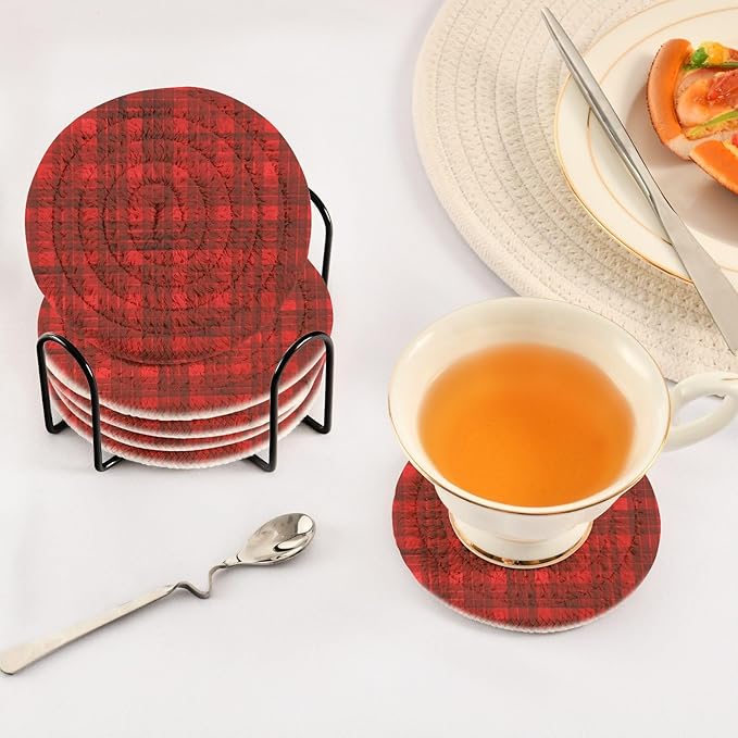 Handmade Cotton Absorbent Coaster Set of 6, Stripe Plaid Drink Coasters, Minimalist Home Decor for Coffee Table, Kitchen, Housewarming and Wedding Registry Ideas