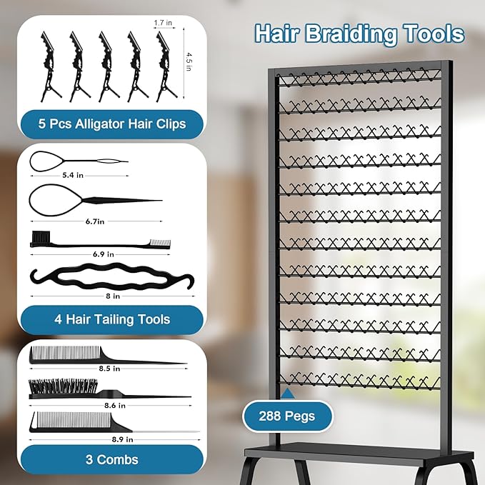 Portable Braiding Hair Rack with Wheels & Storage Drawers,2-Sided 288 Pegs,Hair Extension Holder Hanger for Braiding Hair Separator Stand Display,Hair Rack with Stylist Hair braiding Tools (Black)